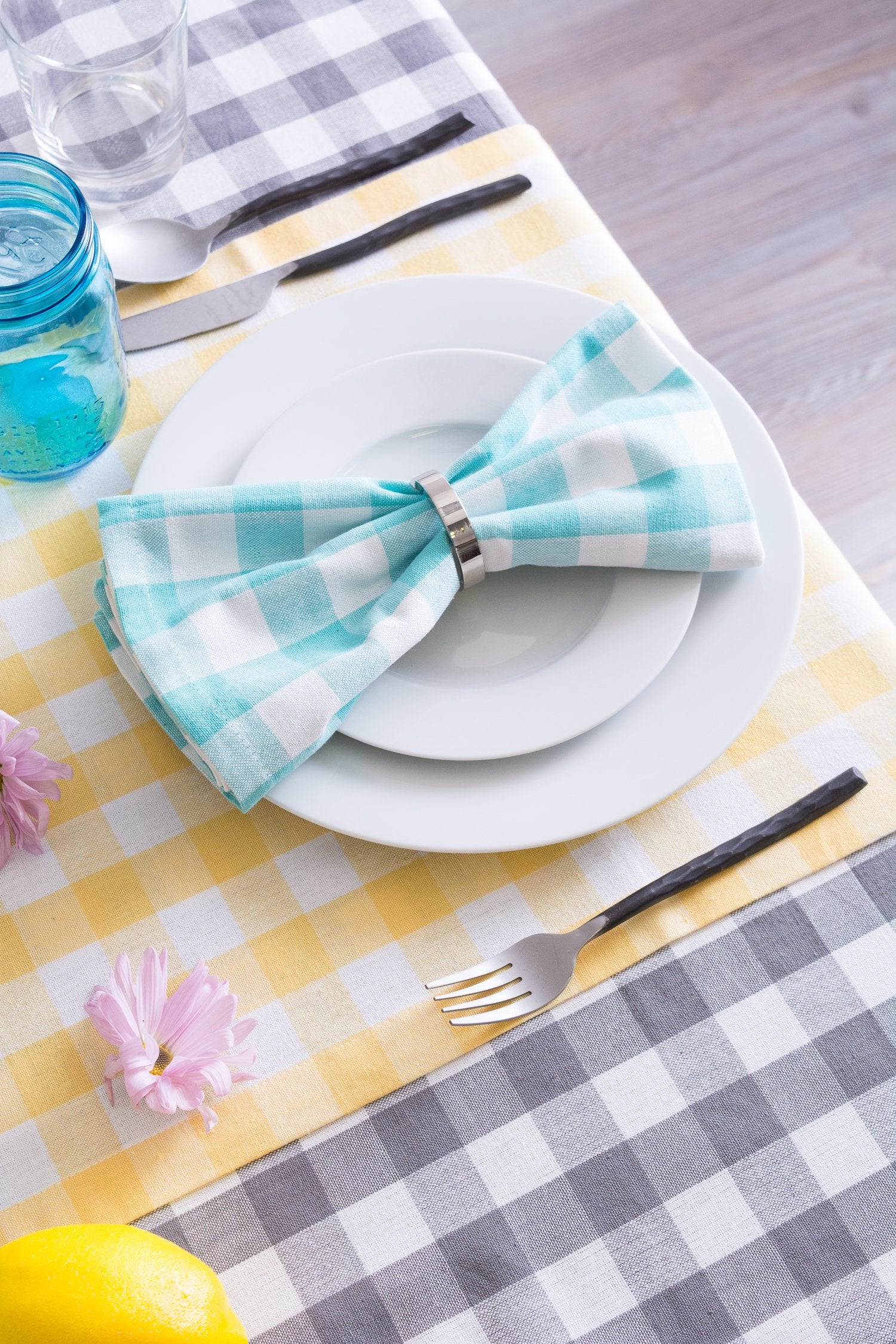 DII Checkered Tabletop Collection 100% Cotton, Machine Washable, Tablecloth, 70 Round, Gray